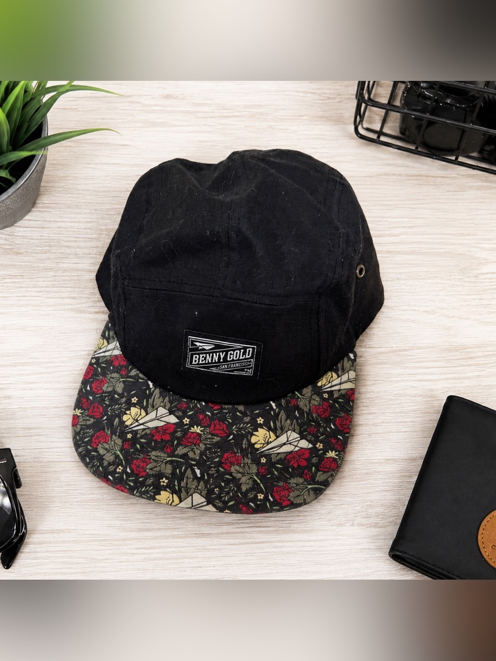 Benny Gold 5 Panel Camp Cap Black Floral Paper Airplane Brim Hat